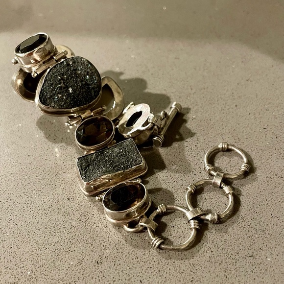Vintage Estate Sterling Silver Druzy Smoky Quartz Toggle 925 Bracelet - Picture 4 of 8
